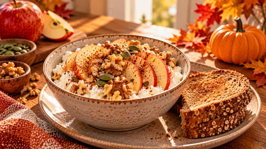 Cottage cheese breakfast bowl with apple slices, cinnamon, walnuts and pumpkin seeds.