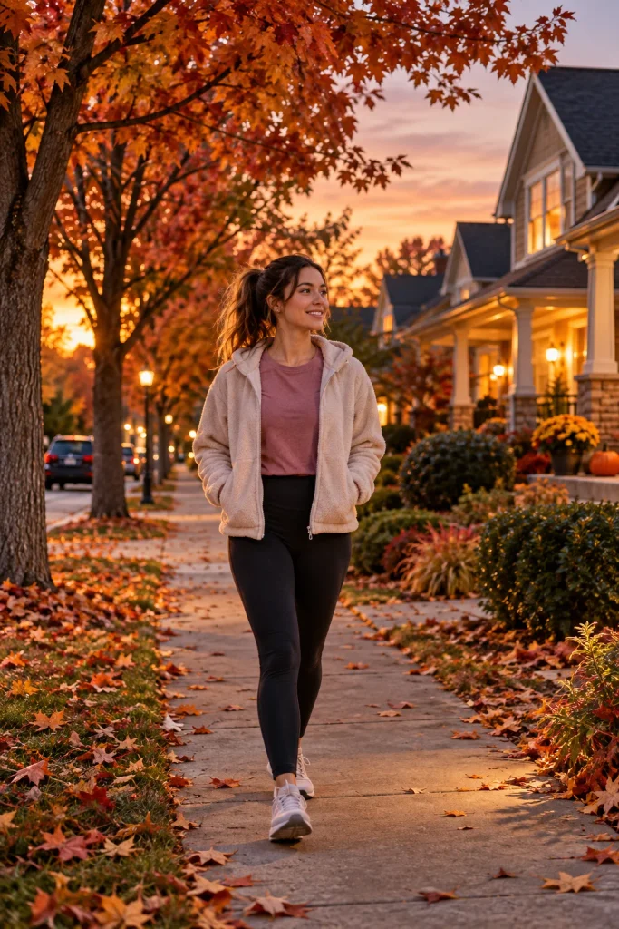 Relaxing fall evening walk on a quiet American neighborhood sidewalk