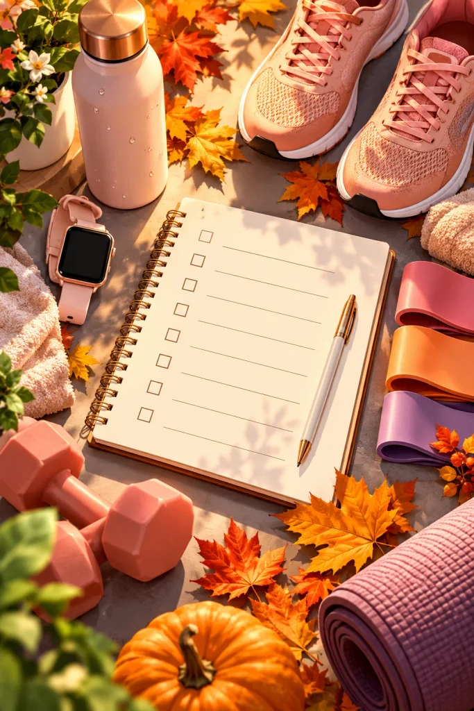 Fall fitness consistency checklist with workout gear, journal, and walking shoes.