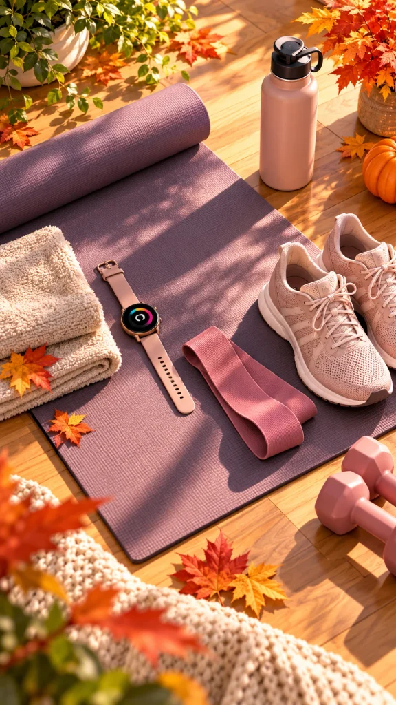 Yoga mat and fitness accessories arranged for a 10-minute fall mobility routine
