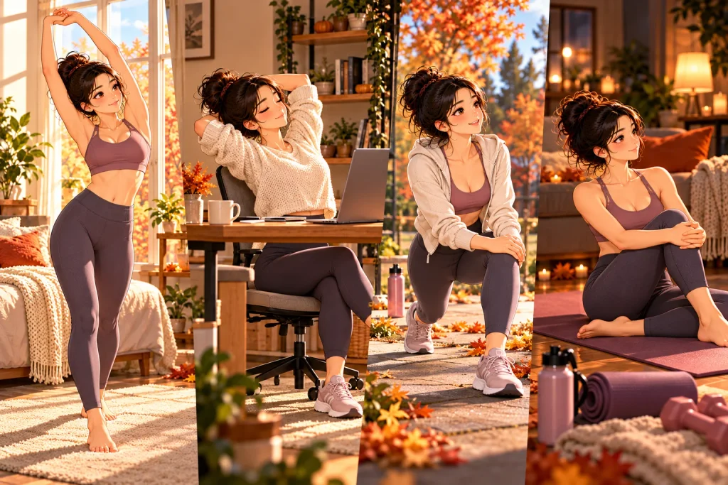 Adult incorporating stretching into different parts of a daily fall routine