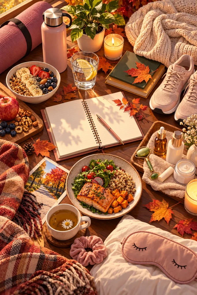 Fall self-care day essentials arranged in a warm seasonal wellness flat lay.