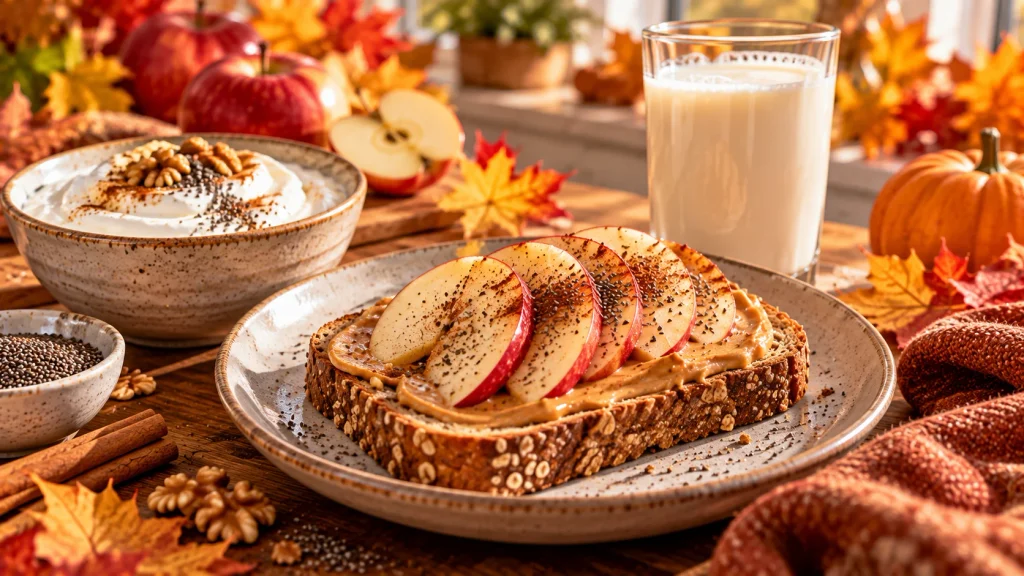 Whole-grain peanut butter toast topped with apple slices, cinnamon and chia seeds.