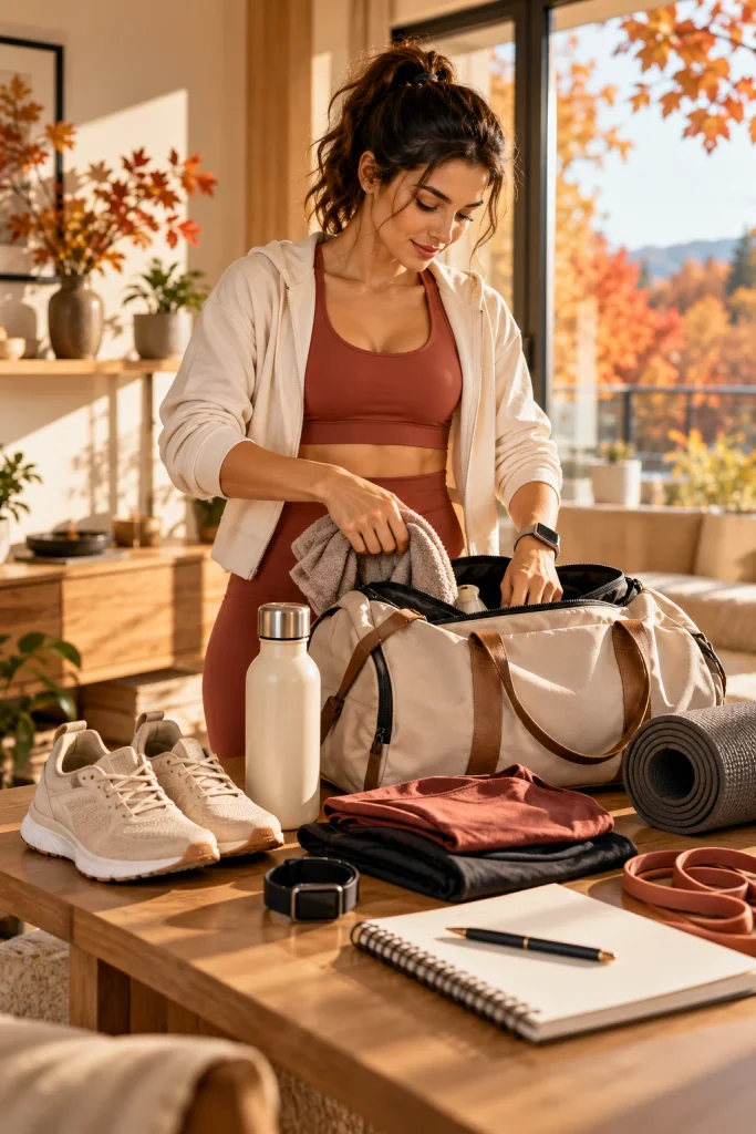 Organized gym bag and workout equipment prepared for a consistent fitness routine