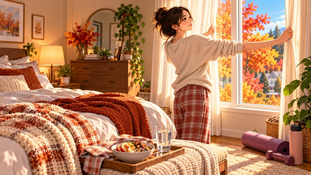 Adult starting a slow fall morning self-care routine in a bright bedroom.