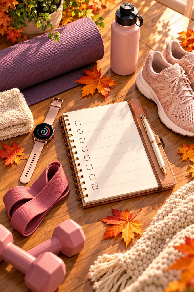 Fitness journal and workout accessories arranged for a beginner fall mobility checklist