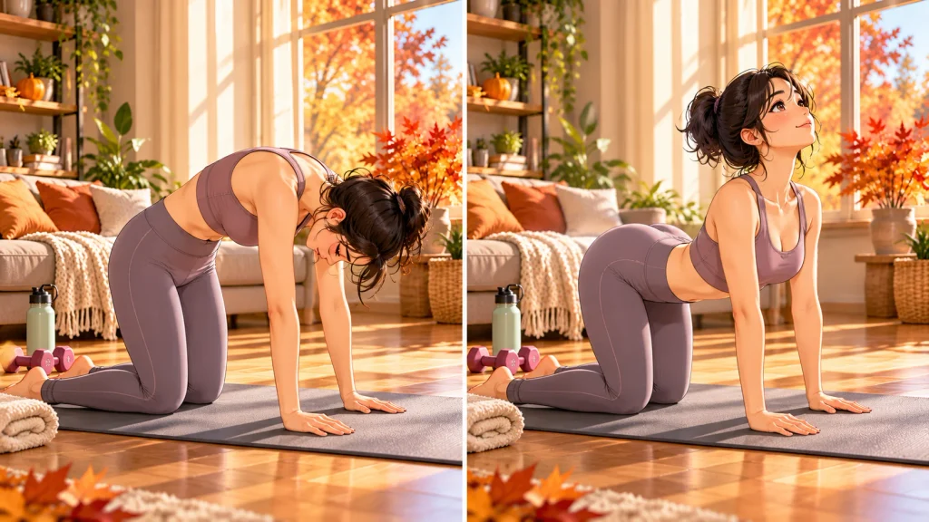 Adult demonstrating controlled mobility movement during a fall stretching routine
