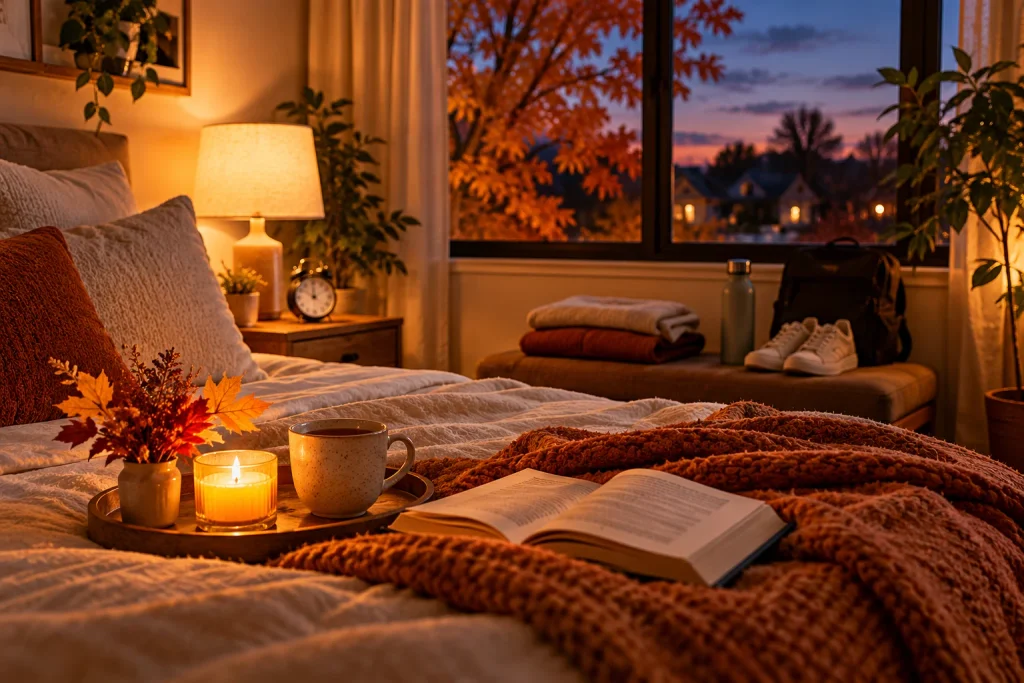 Cozy fall evening routine in a warm bedroom with a book, tea, soft blanket, autumn leaves, and prepared essentials