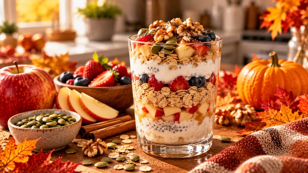 High-protein fall breakfast parfait layered with Greek yogurt, apples, oats, pumpkin seeds and cinnamon.