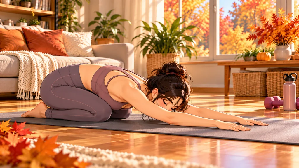 Adult performing a gentle child’s pose stretch on a yoga mat