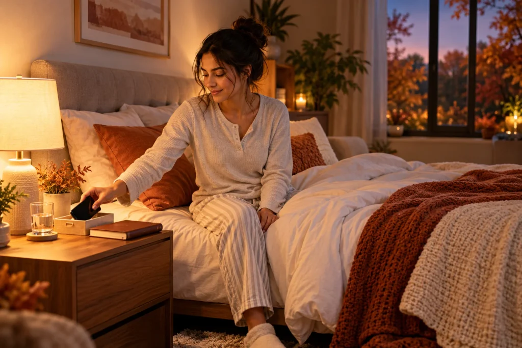 Adult preparing for a consistent bedtime routine in a cozy fall bedroom.