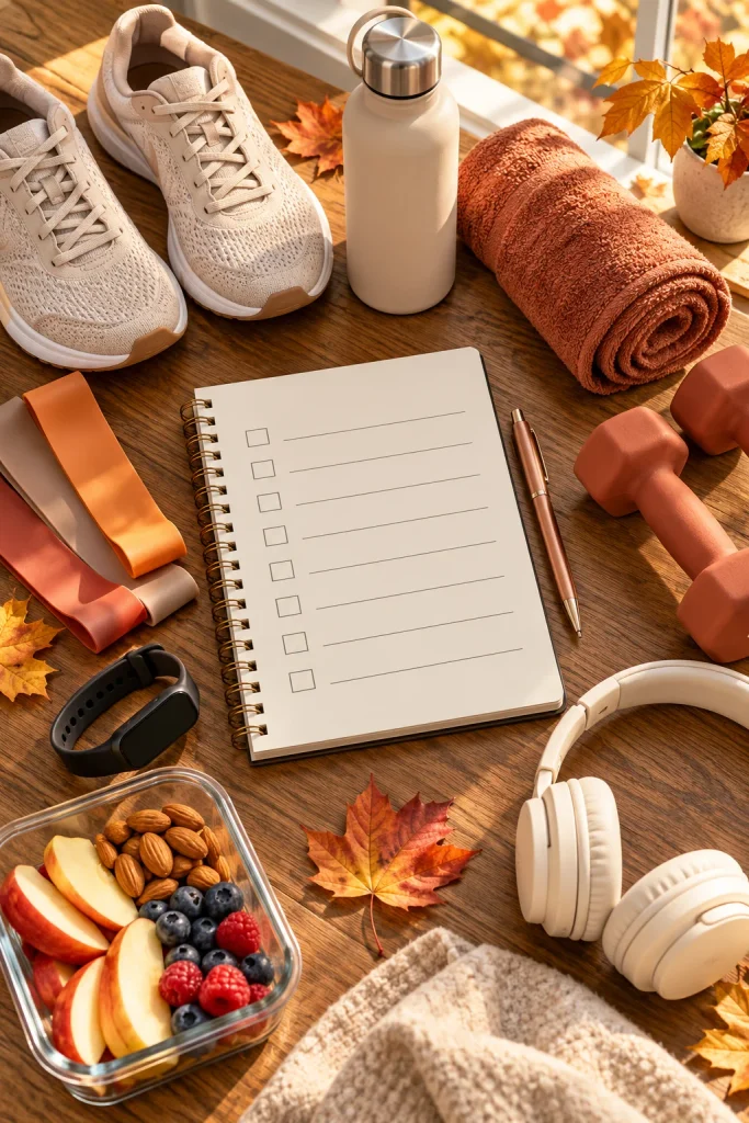 Fall gym routine checklist with workout shoes, water bottle, dumbbells, and fitness gear