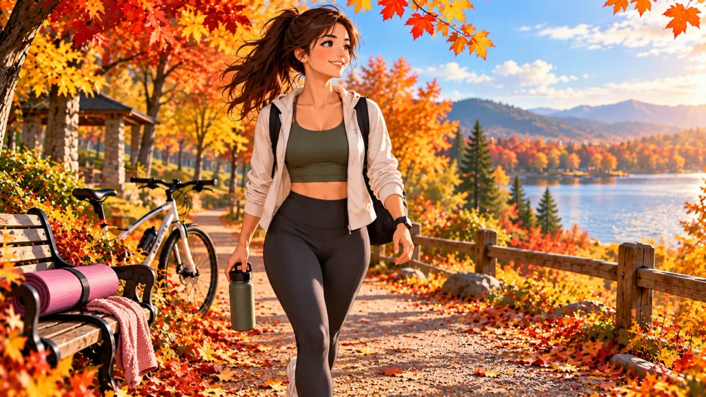 Person enjoying a walk outdoors in autumn as part of a sustainable fitness routine.