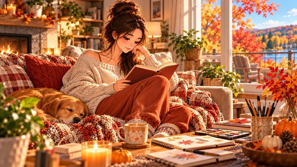 Adult enjoying a relaxing hobby at home during a cozy fall self-care day.