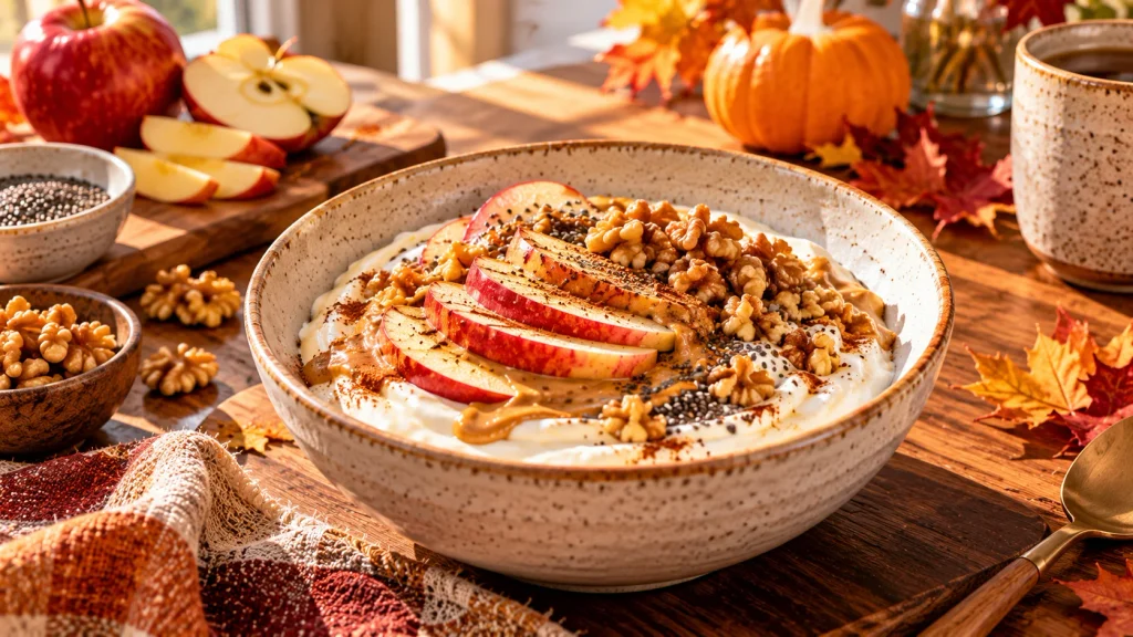 Apple cinnamon Greek yogurt bowl topped with apple slices, chia seeds and walnuts for a fall breakfast.