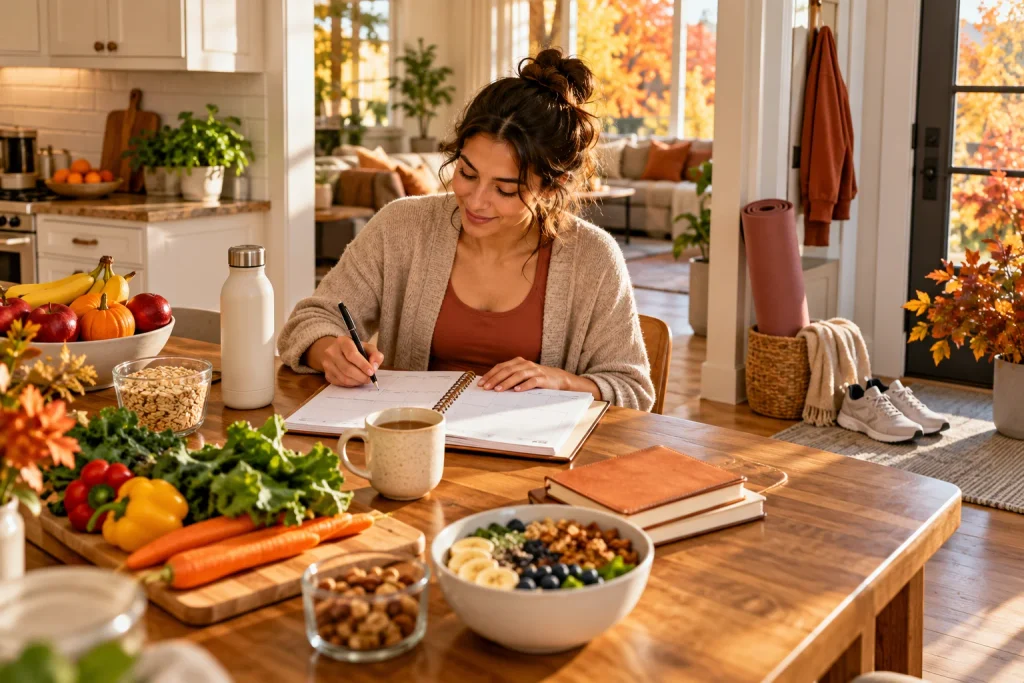 Adult organizing a sustainable fall wellness routine with walking shoes, healthy foods, yoga mat, water bottle, and planner.