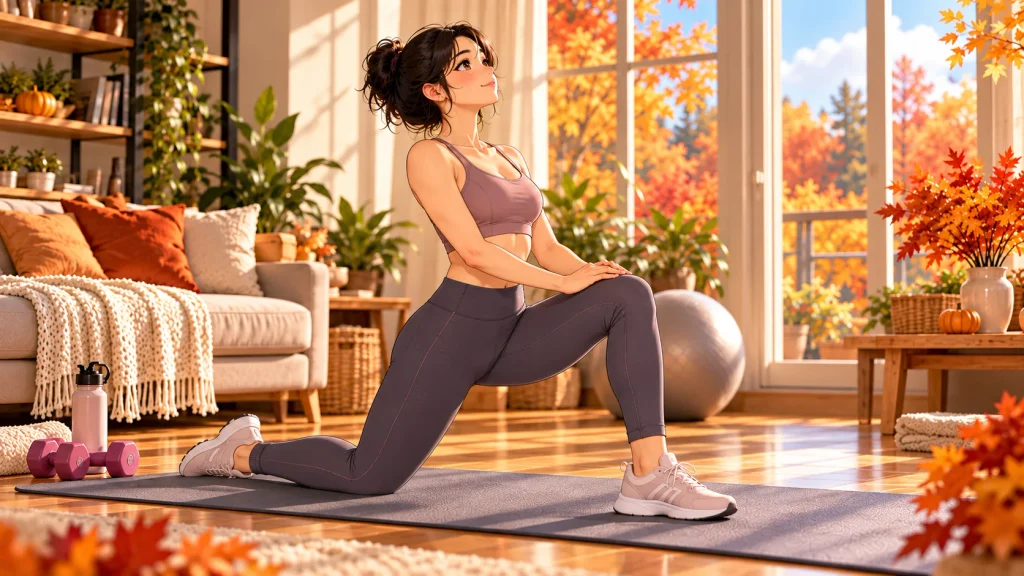 Adult performing a half-kneeling hip flexor stretch at home