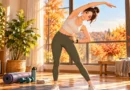 Adult performing a gentle fall stretching routine on a yoga mat at home