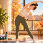 Adult performing a gentle fall stretching routine on a yoga mat at home