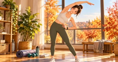 Adult performing a gentle fall stretching routine on a yoga mat at home
