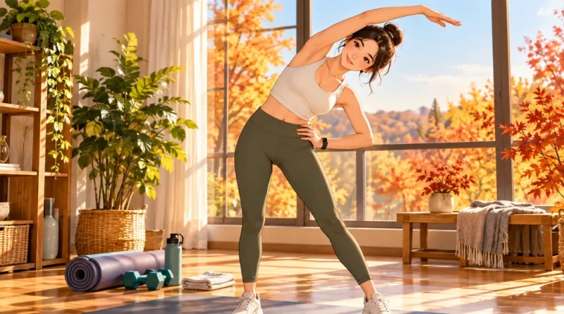 Adult performing a gentle fall stretching routine on a yoga mat at home