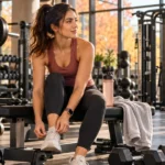 Adult following a fall gym routine with full-body strength training in a modern gym