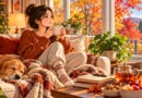 Adult enjoying a cozy fall self-care day at home with a journal, book, warm drink, and autumn scenery.
