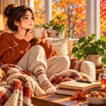 Adult enjoying a cozy fall self-care day at home with a journal, book, warm drink, and autumn scenery.