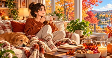 Adult enjoying a cozy fall self-care day at home with a journal, book, warm drink, and autumn scenery.