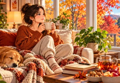 Adult enjoying a cozy fall self-care day at home with a journal, book, warm drink, and autumn scenery.