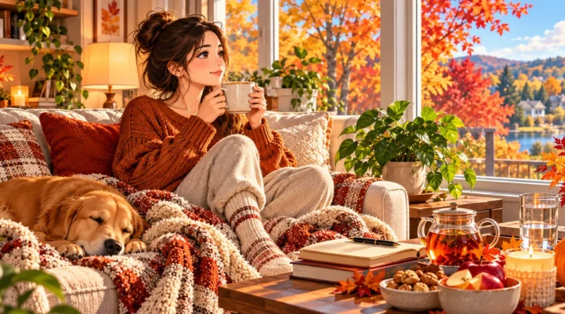 Adult enjoying a cozy fall self-care day at home with a journal, book, warm drink, and autumn scenery.