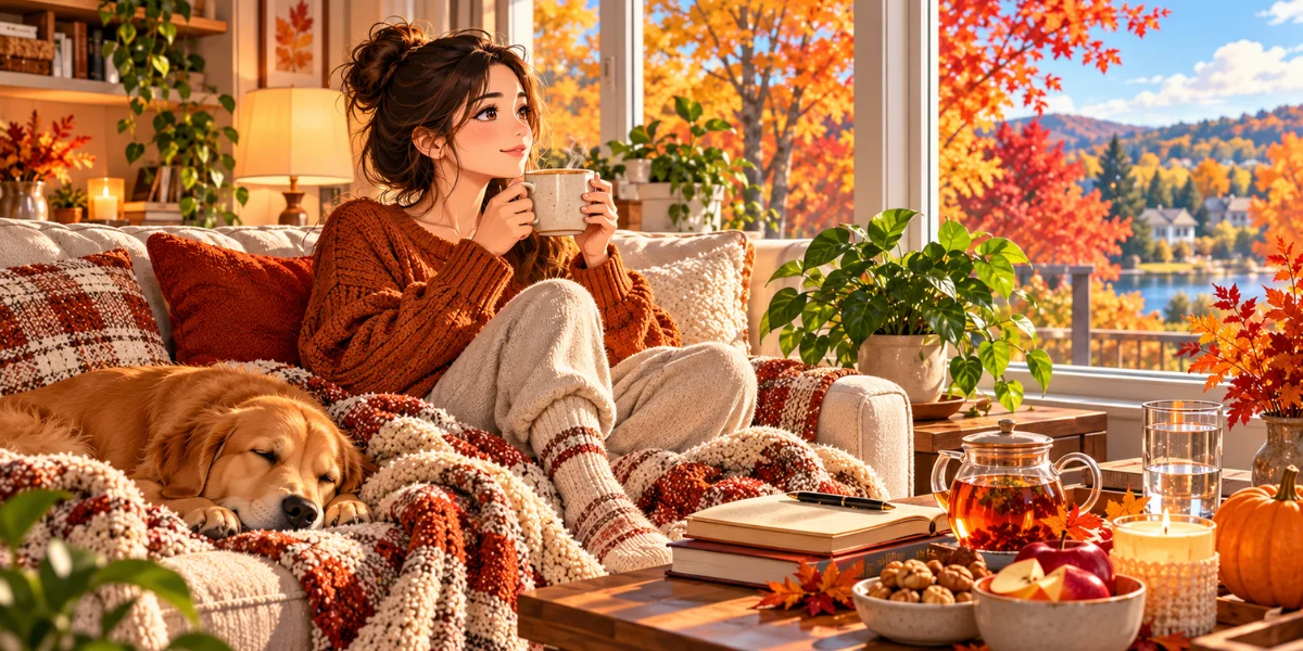 Adult enjoying a cozy fall self-care day at home with a journal, book, warm drink, and autumn scenery.