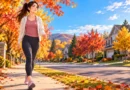 Beginner fall walking for fitness on an autumn neighborhood sidewalk in the USA