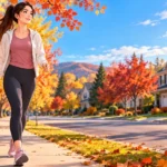 Beginner fall walking for fitness on an autumn neighborhood sidewalk in the USA