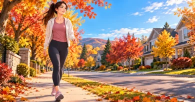 Beginner fall walking for fitness on an autumn neighborhood sidewalk in the USA
