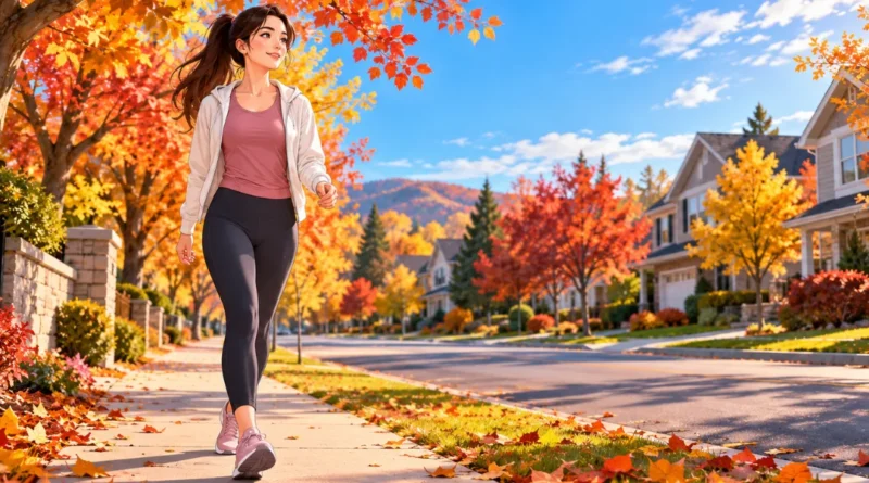 Beginner fall walking for fitness on an autumn neighborhood sidewalk in the USA