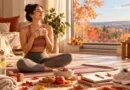 Adult following a fall wellness reset routine with healthy food, water bottle, yoga mat, journal, and autumn decor at home.