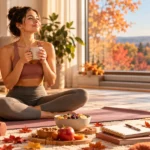 Adult following a fall wellness reset routine with healthy food, water bottle, yoga mat, journal, and autumn decor at home.