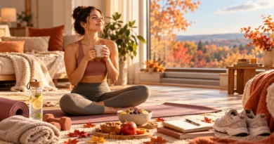 Adult following a fall wellness reset routine with healthy food, water bottle, yoga mat, journal, and autumn decor at home.
