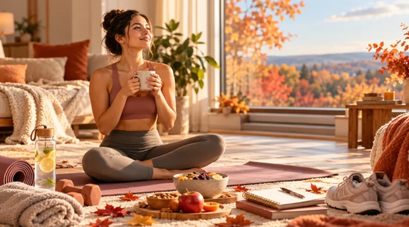 Adult following a fall wellness reset routine with healthy food, water bottle, yoga mat, journal, and autumn decor at home.