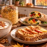 High-protein fall breakfast ideas with Greek yogurt, pumpkin oats, eggs, apples and whole-grain toast on a breakfast table.