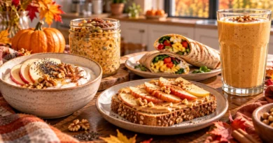 High-protein fall breakfast ideas with Greek yogurt, pumpkin oats, eggs, apples and whole-grain toast on a breakfast table.