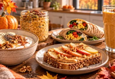 High-protein fall breakfast ideas with Greek yogurt, pumpkin oats, eggs, apples and whole-grain toast on a breakfast table.