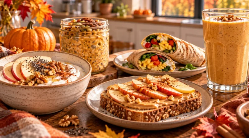 High-protein fall breakfast ideas with Greek yogurt, pumpkin oats, eggs, apples and whole-grain toast on a breakfast table.