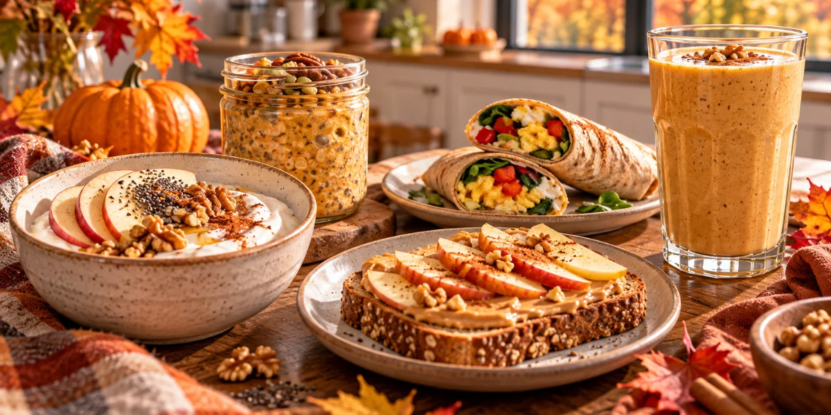 High-protein fall breakfast ideas with Greek yogurt, pumpkin oats, eggs, apples and whole-grain toast on a breakfast table.