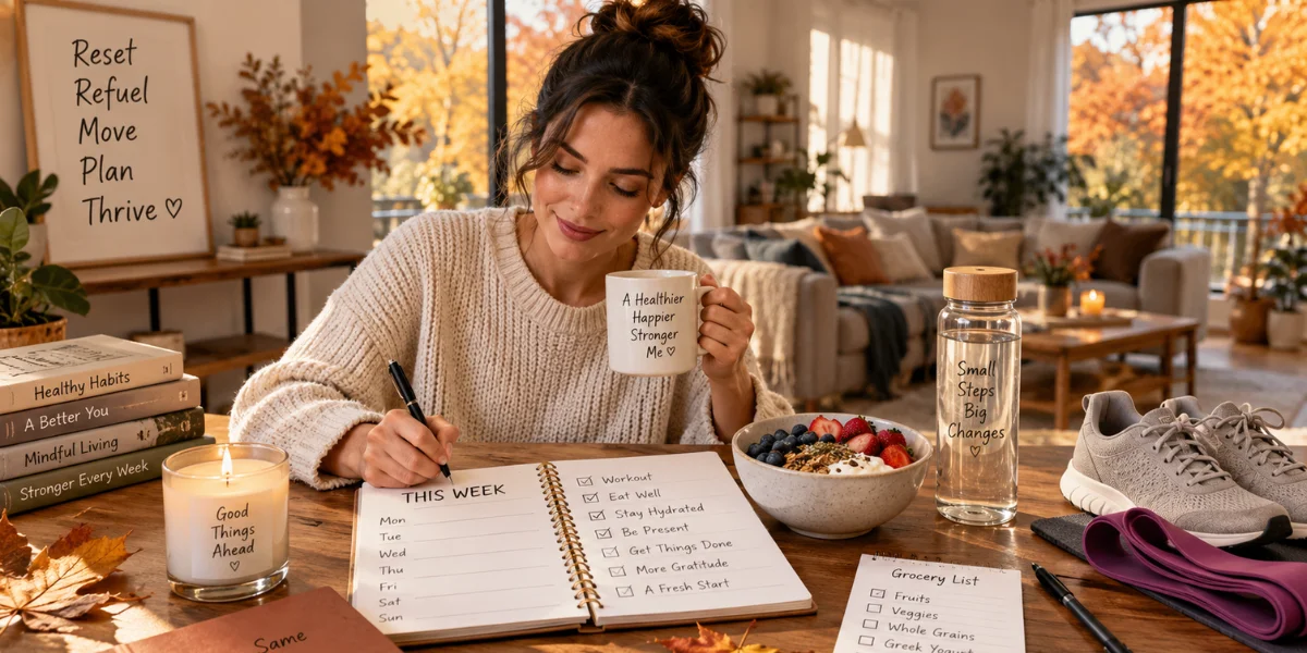 Cozy Sunday fall reset with weekly planner healthy meal and workout essentials