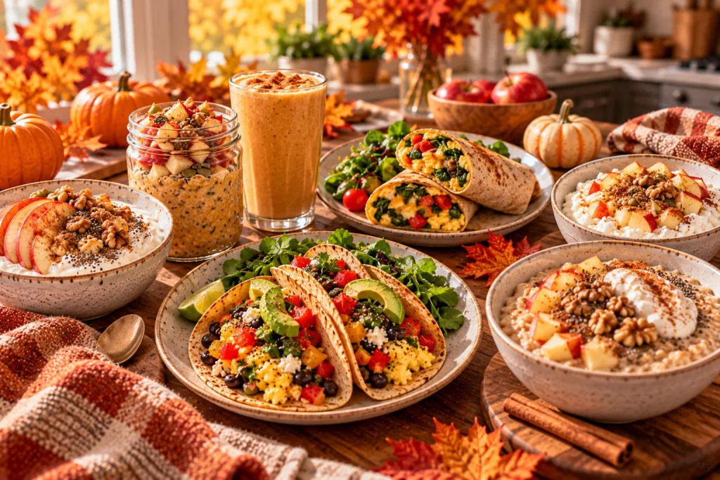 Seven high-protein fall breakfast ideas including yogurt bowls, overnight oats, egg wraps, smoothies, tacos and oatmeal.