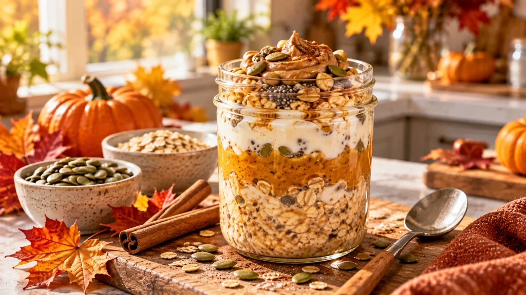 Pumpkin protein overnight oats with Greek yogurt, chia seeds, cinnamon and pumpkin puree in a glass jar.