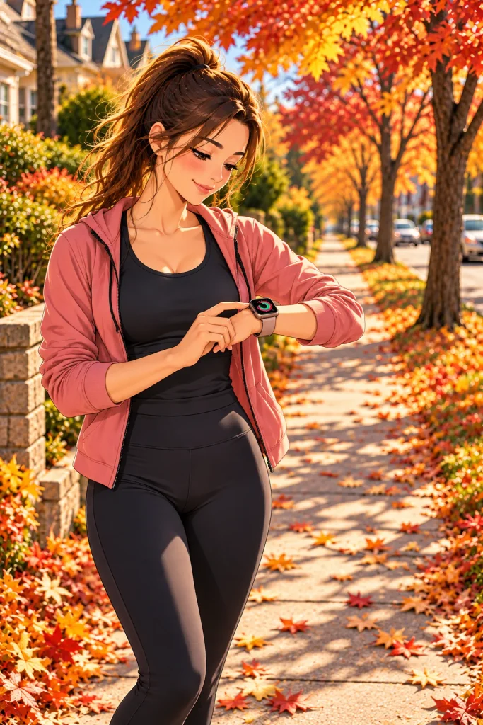 Person checking walking progress on a smartwatch during a fall walk