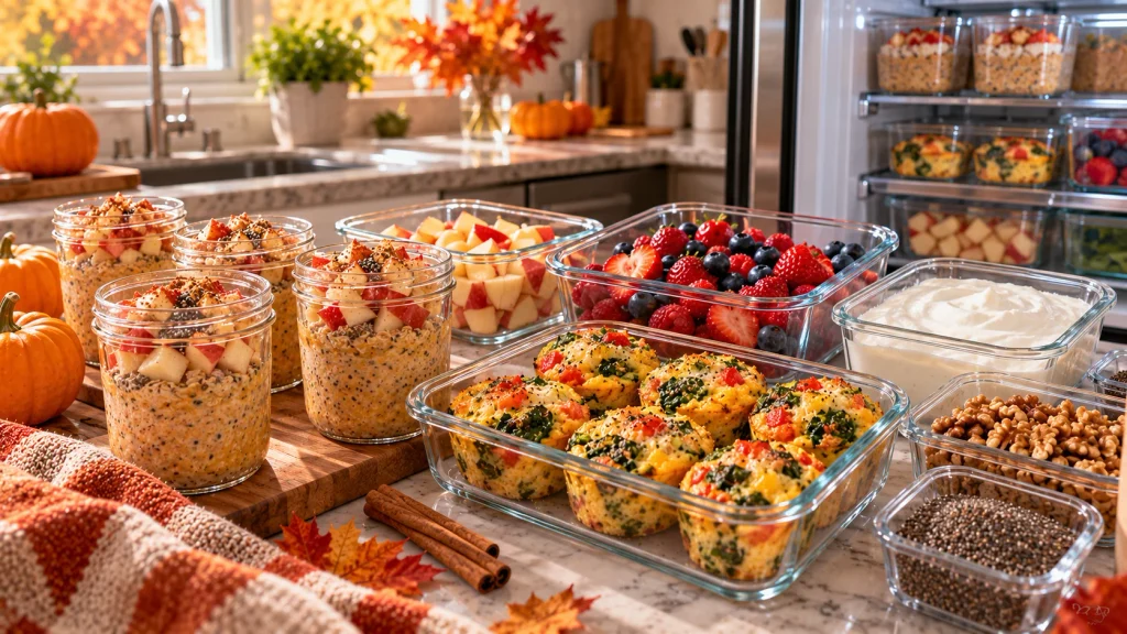 High-protein breakfast meal prep with overnight oats, Greek yogurt, eggs, fruit, nuts and seeds.